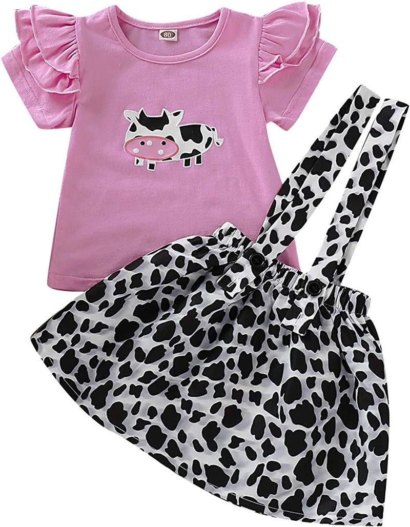 BOIZONTY Toddler Baby Girl Ruffled Fly Sleeve Cow Top Shirts + Leopard Suspender Skirts Overall Dress Clothes Set(18-24 Months,Leopard Cow) - Image 1